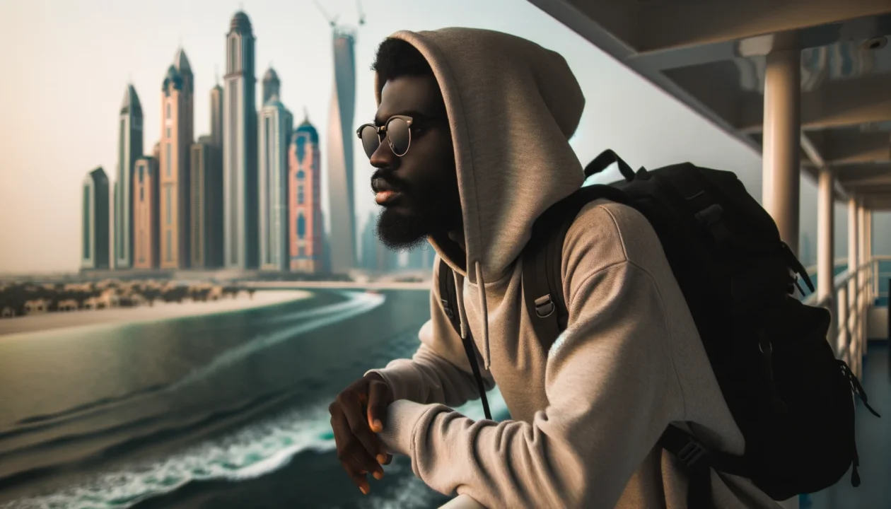  Stylish Man with Sunglasses, Hoodie, and Backpack Admiring Ocean Horizon, City Skyline in the Distance. 